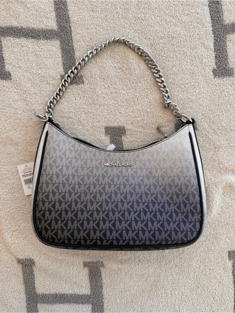 MICHAEL KORS Black to Gray Ombre Logo Shoulder Bag with Silver Chain